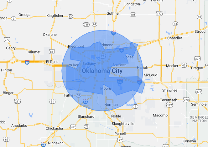 20 miles around Oklahoma City & Western Oklahoma map